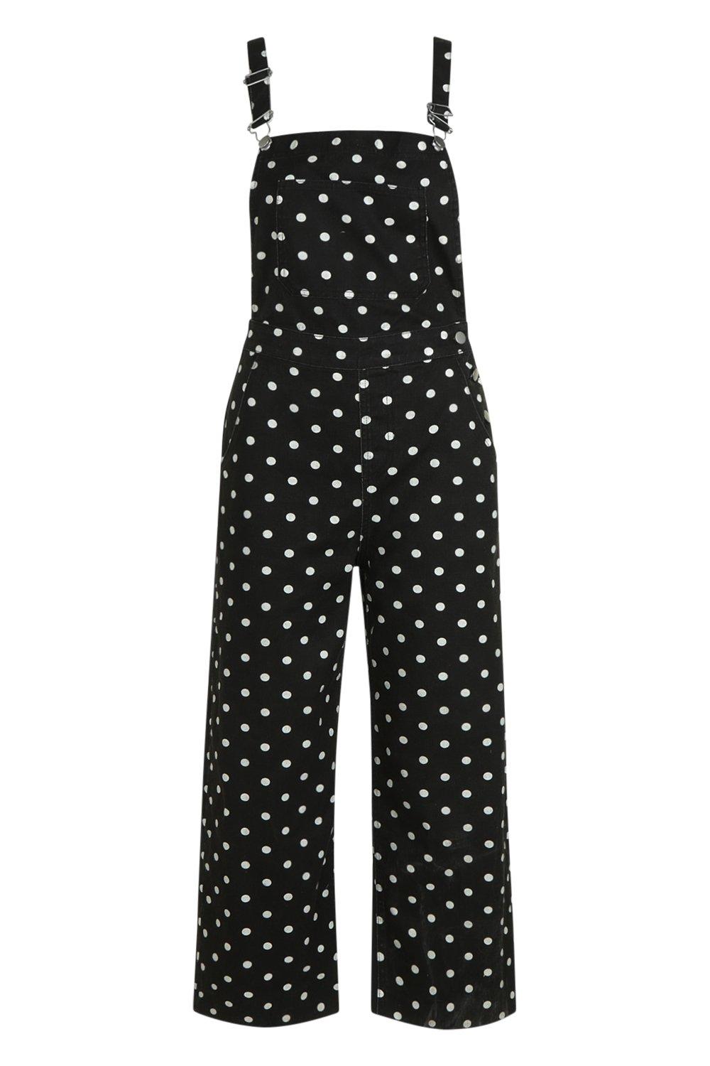 black and white polka dot dungarees