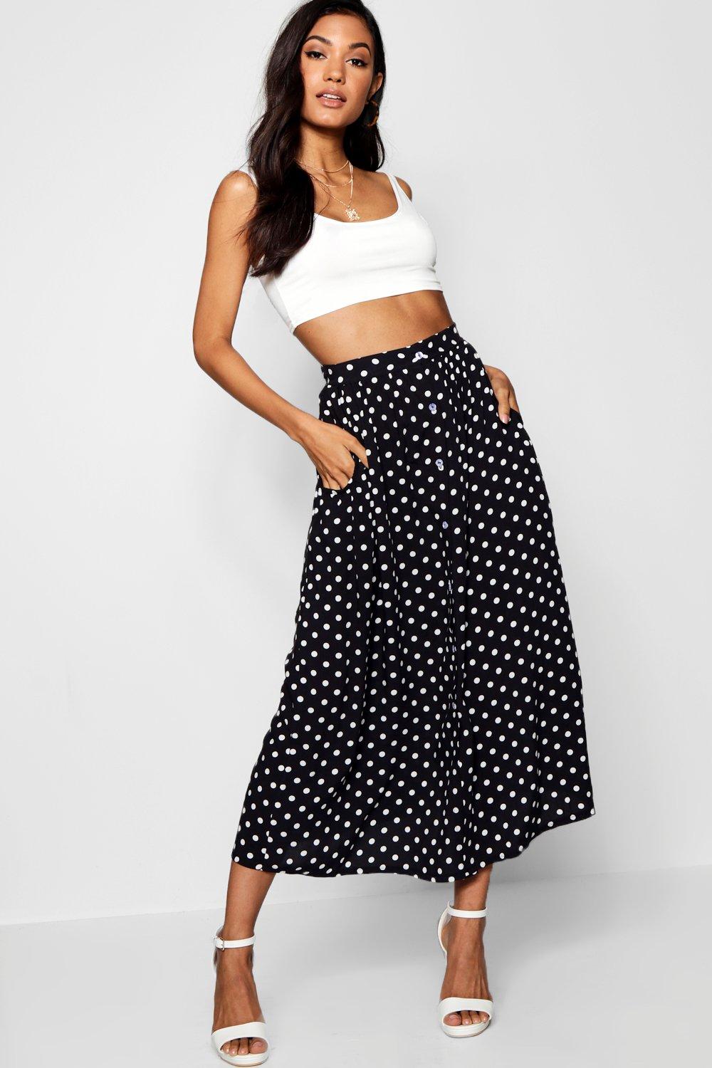 black polka dot midi skirt