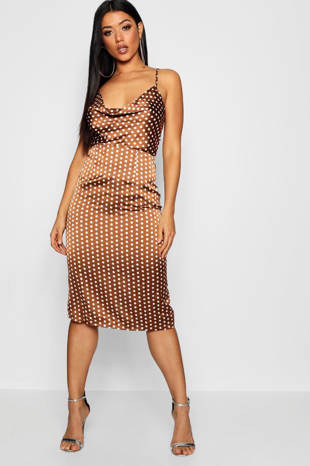 Satin Polka Dot Cowl Neck Midi Dress Boohoo