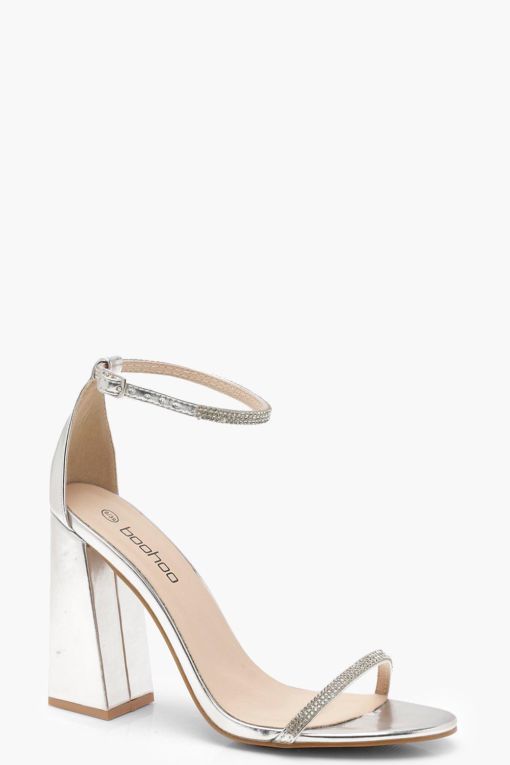 metallic silver block heels