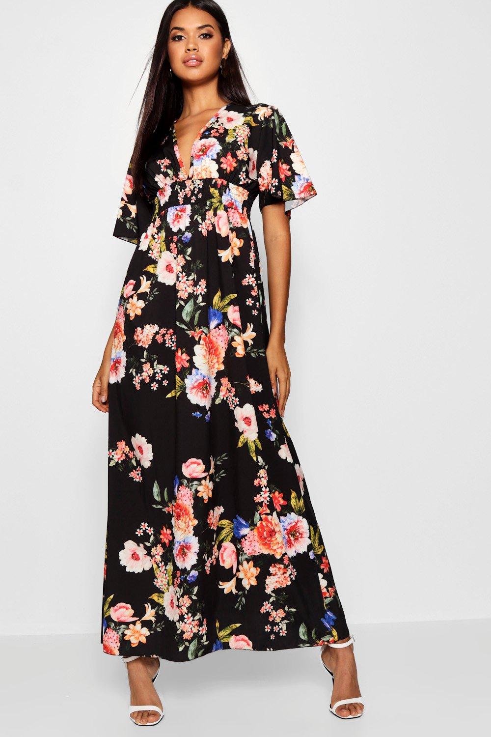 

Cap Sleeve Shirred Waist Floral Maxi Dress, Black