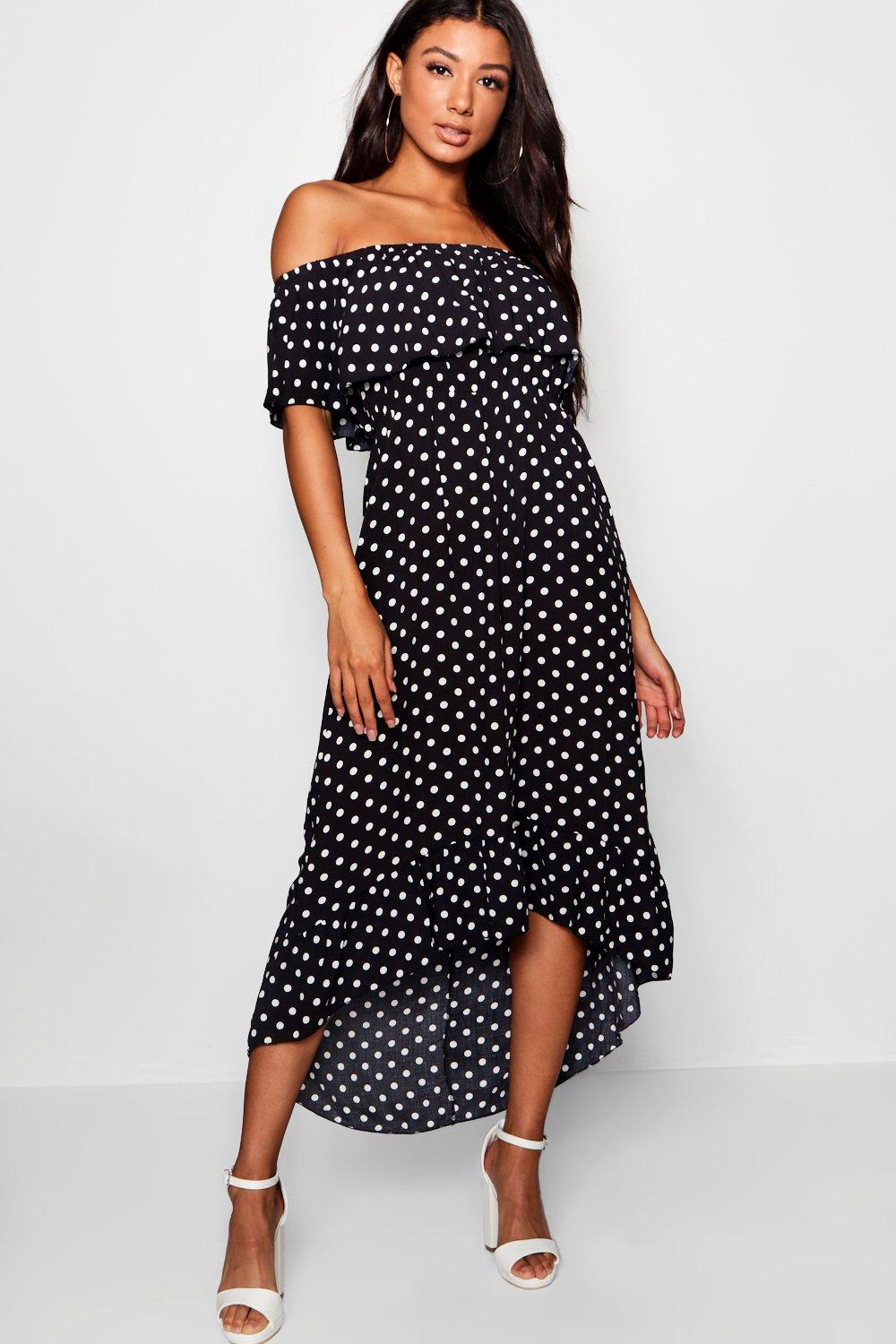 black polka dot bardot dress