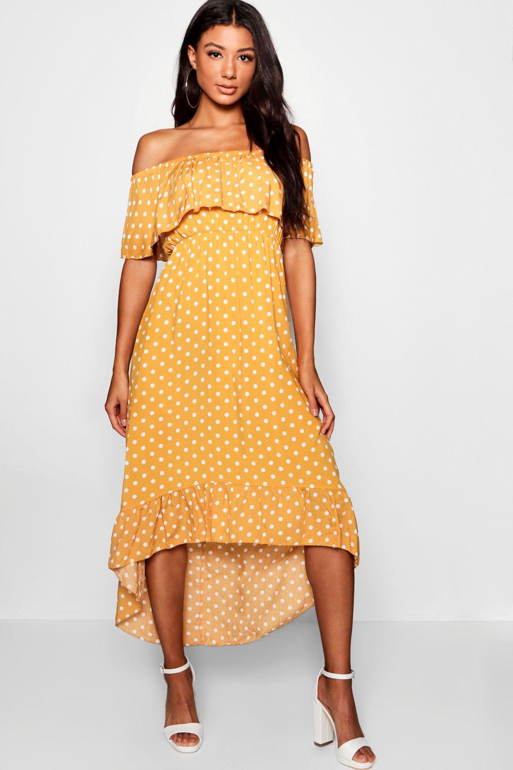 mustard bardot maxi dress