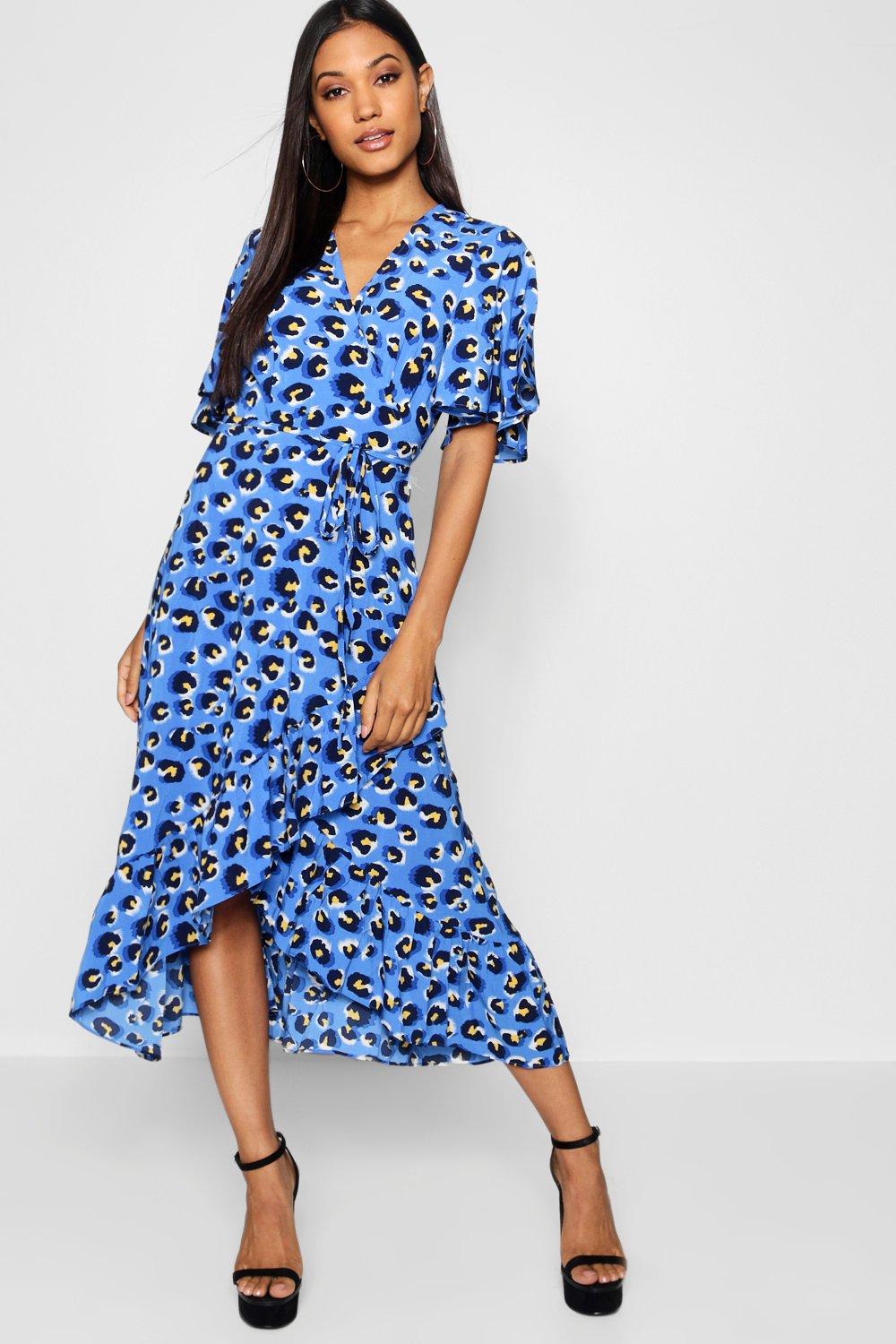 blue leopard print wrap dress
