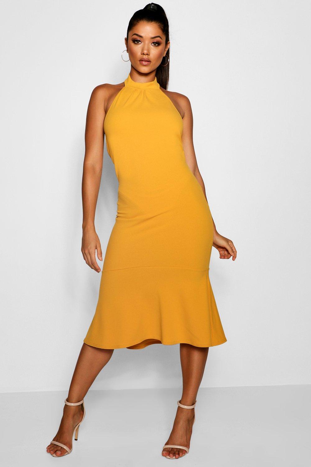 high neck frill midi dress