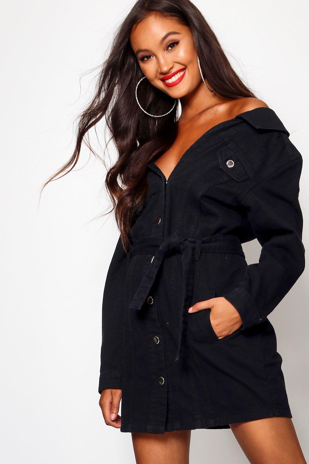 Off The Shoulder Denim Shirt Dress | boohoo