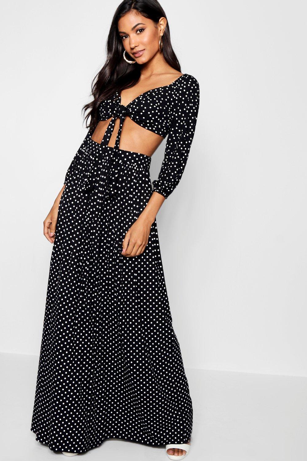 black polka dot maxi skirt