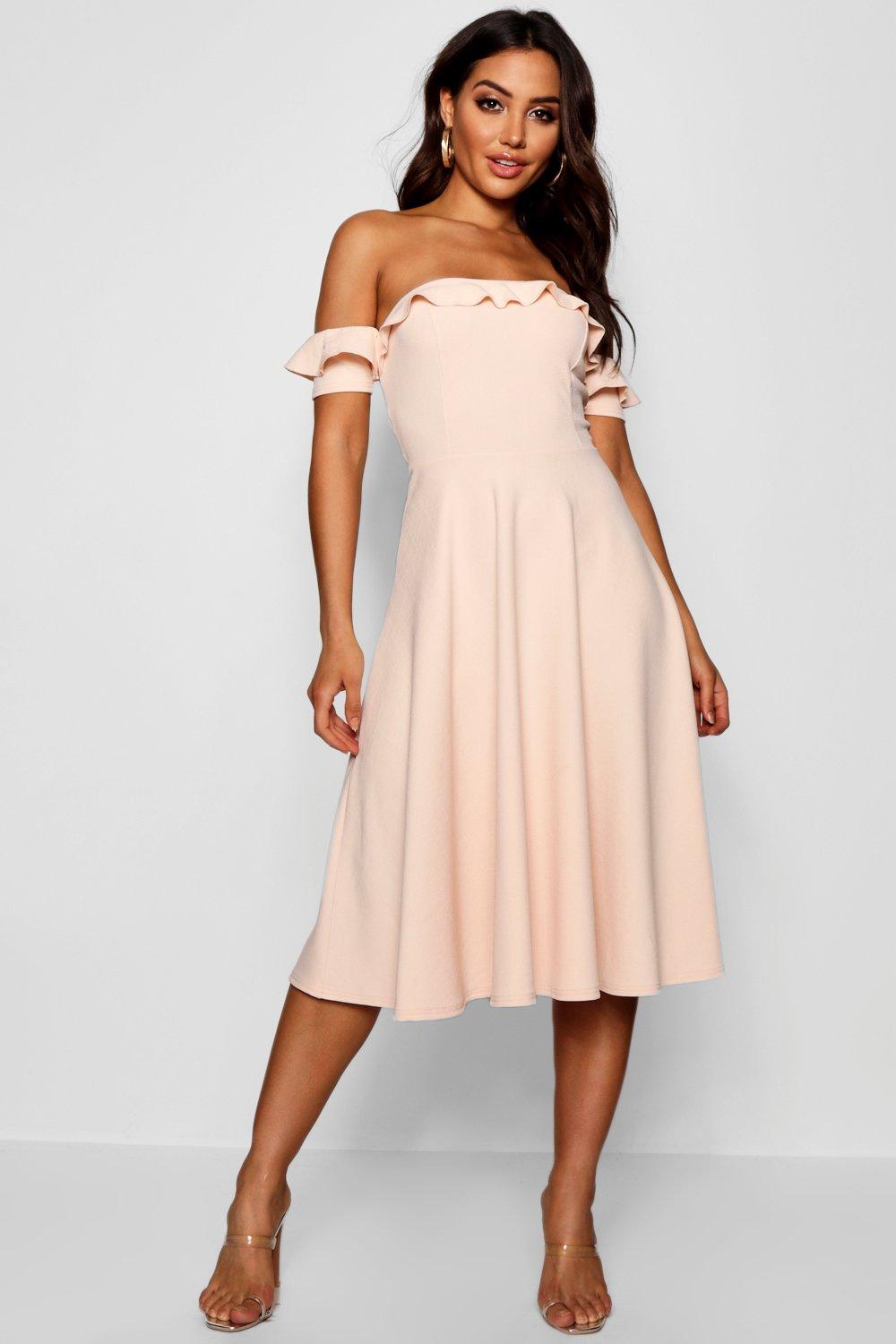 off the shoulder midi skater dress