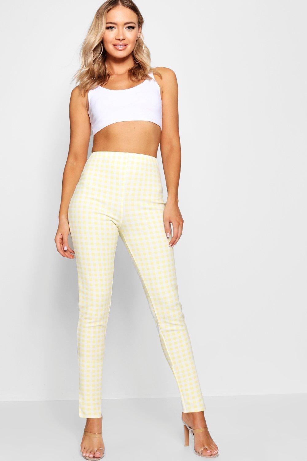 Pantalon Skinny Fendu À Carreaux Vichy Taille Haute - Jaune - 38, Jaune