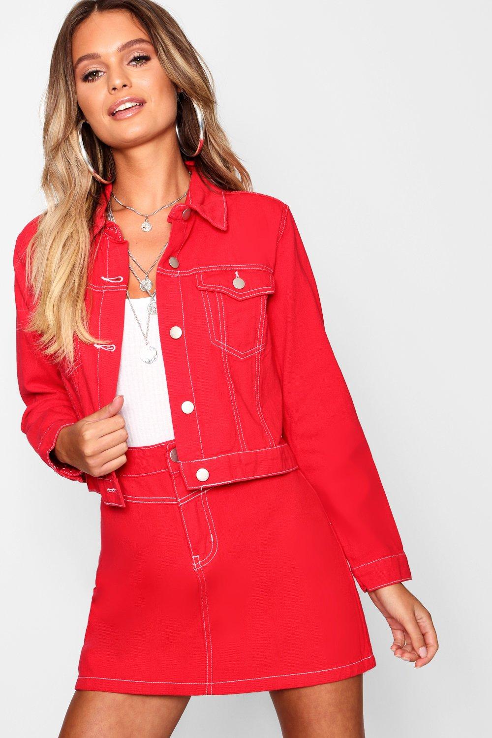 red cropped jean jacket