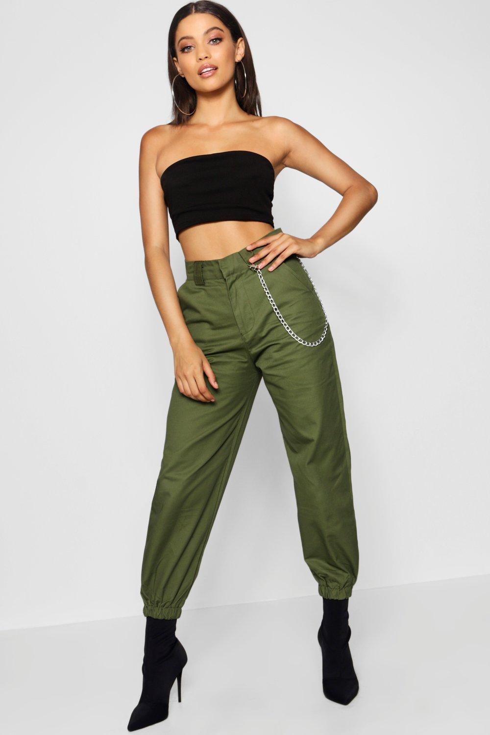 khaki cargo pants with chain