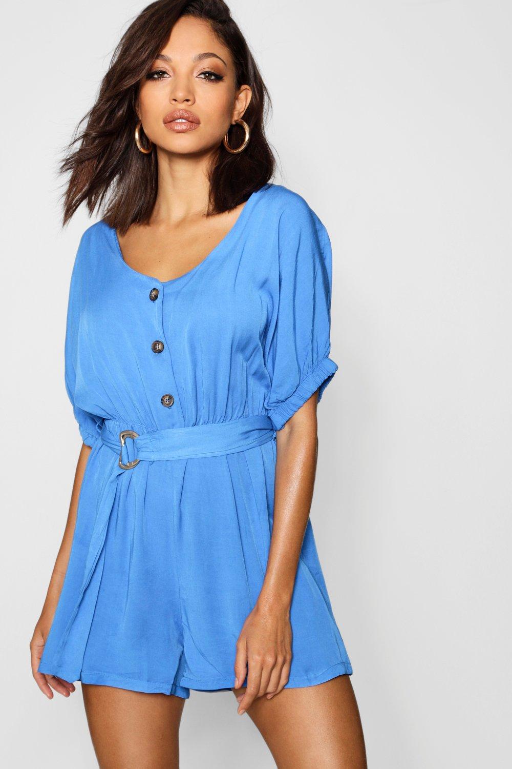 

Button Belted Short Sleeve Playsuit, Cobalt