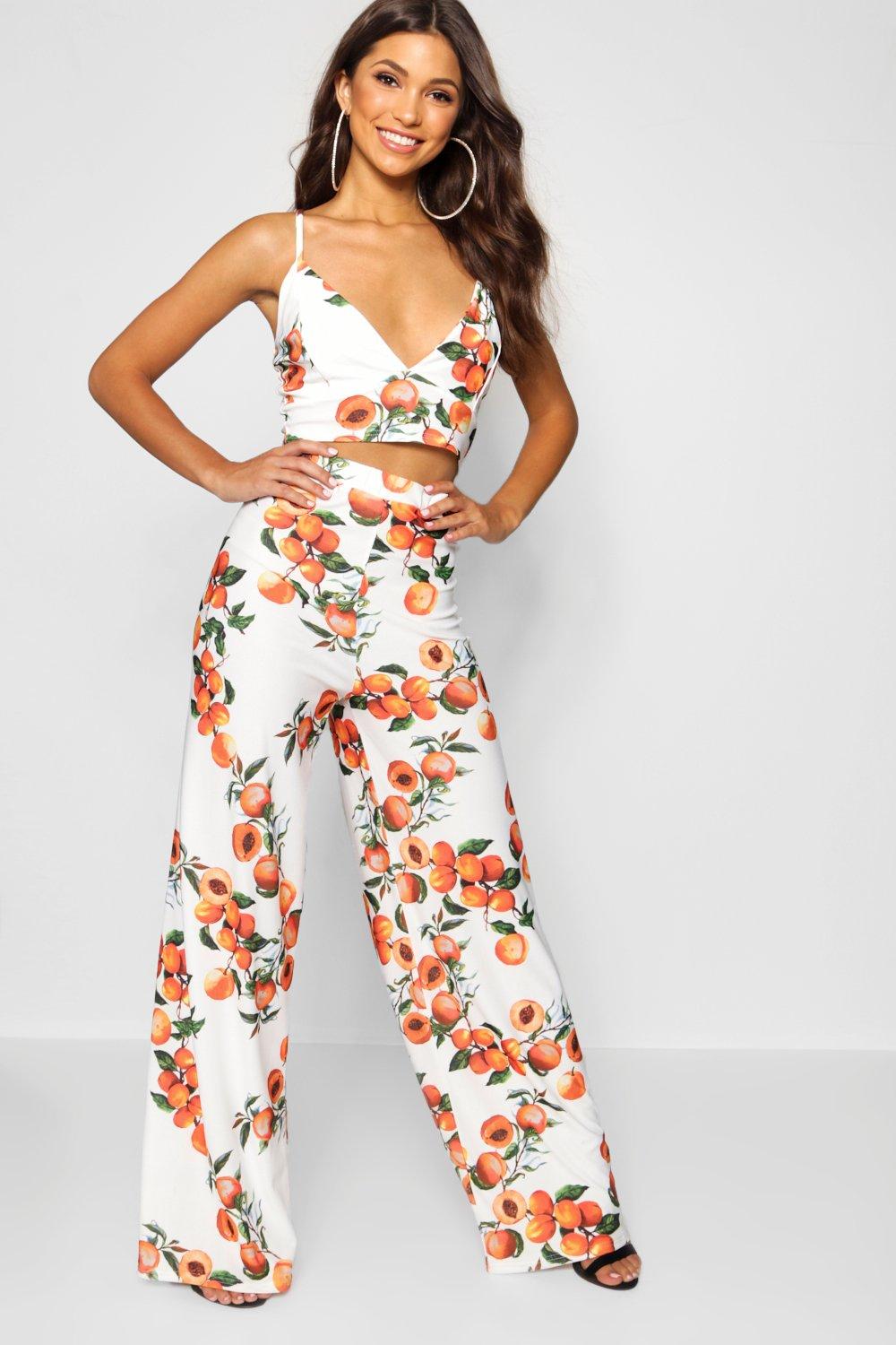 

Raegan Peach Print Bralet Trouser Co-ord, White