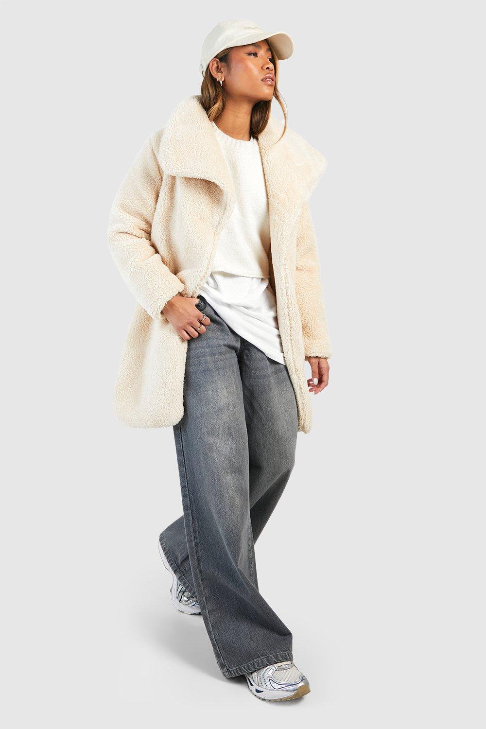 Womens Shawl Collar Teddy Faux Fur Jacket - Beige - 8, Beige