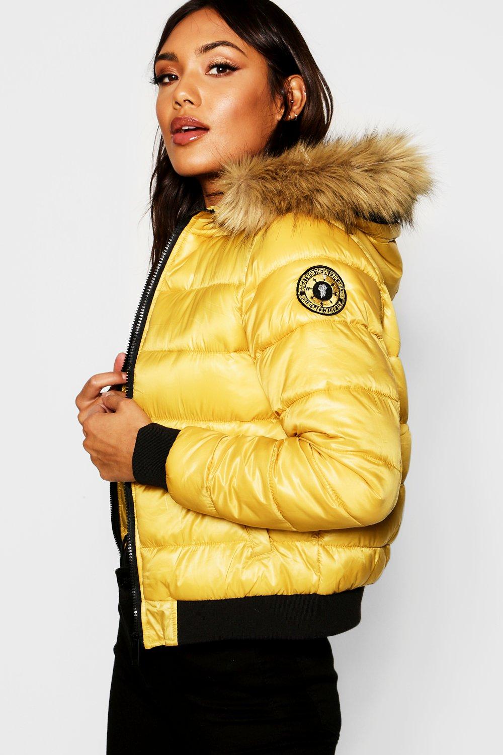 yellow jacket with fur hood