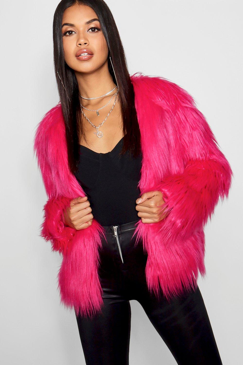 hot pink faux fur coat