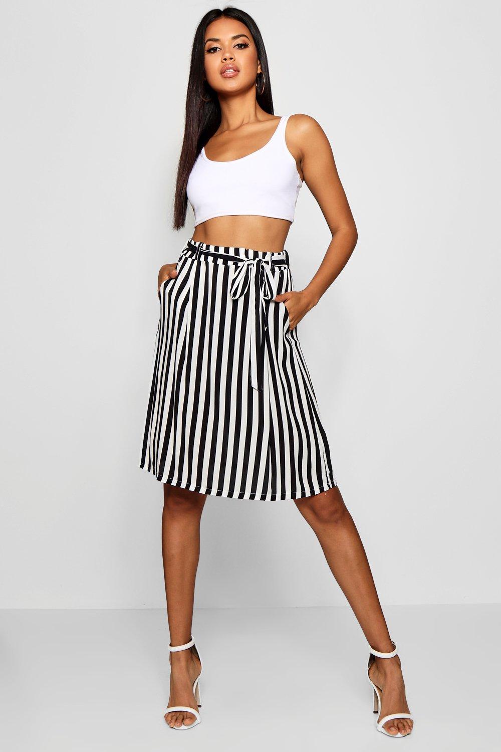 Tie Waist Pocket Woven Stripe Midi Skirt | Boohoo