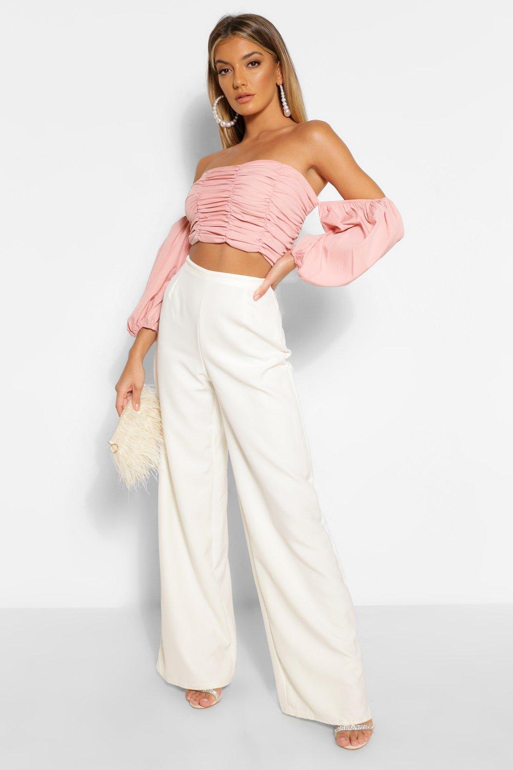 High Waisted Woven Wide Leg Trousers - Blanc Ivoire - 40, Blanc Ivoire