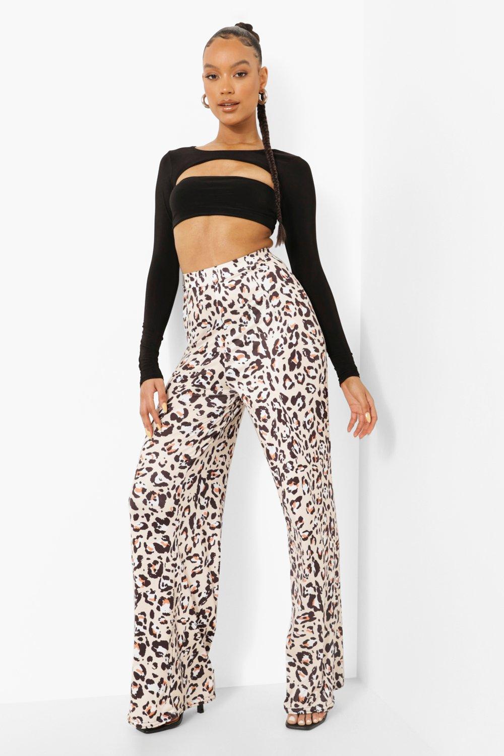 High Waist Leopard Slinky Wide Leg Pants Boohoo