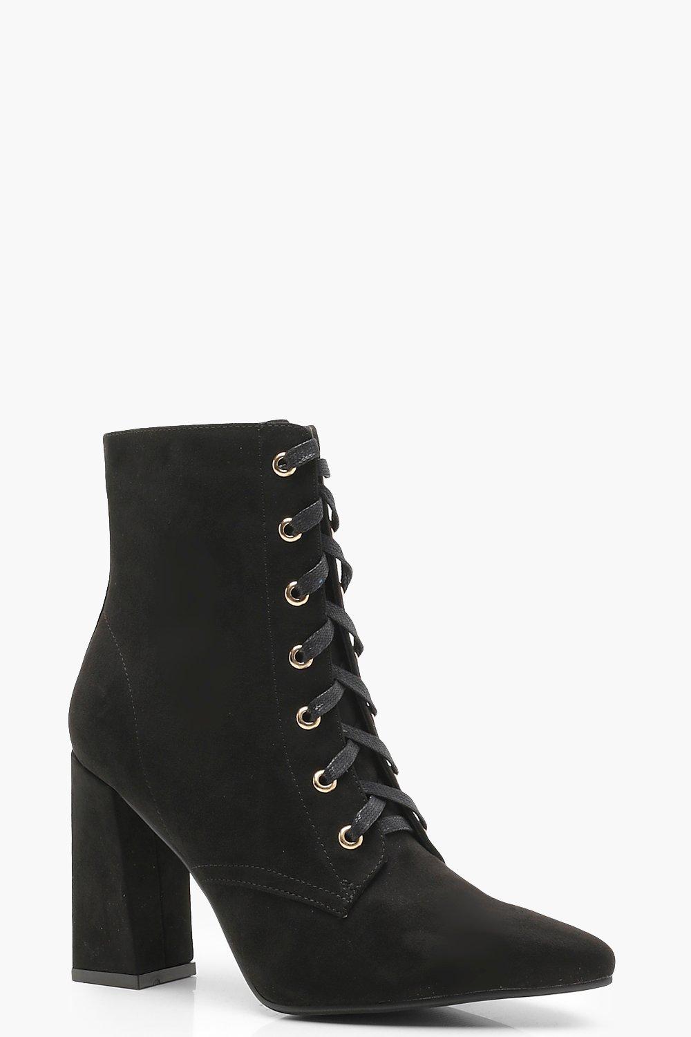 black pointed toe lace up boots