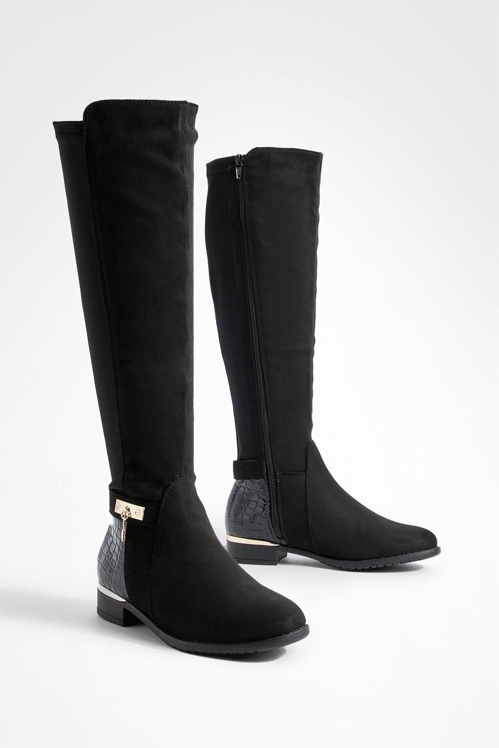 flat black leather knee high boots womens
