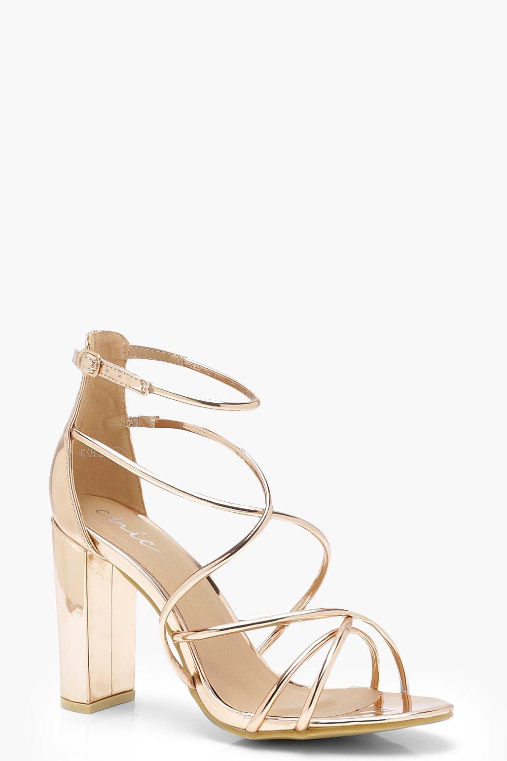 rose gold strappy block heels