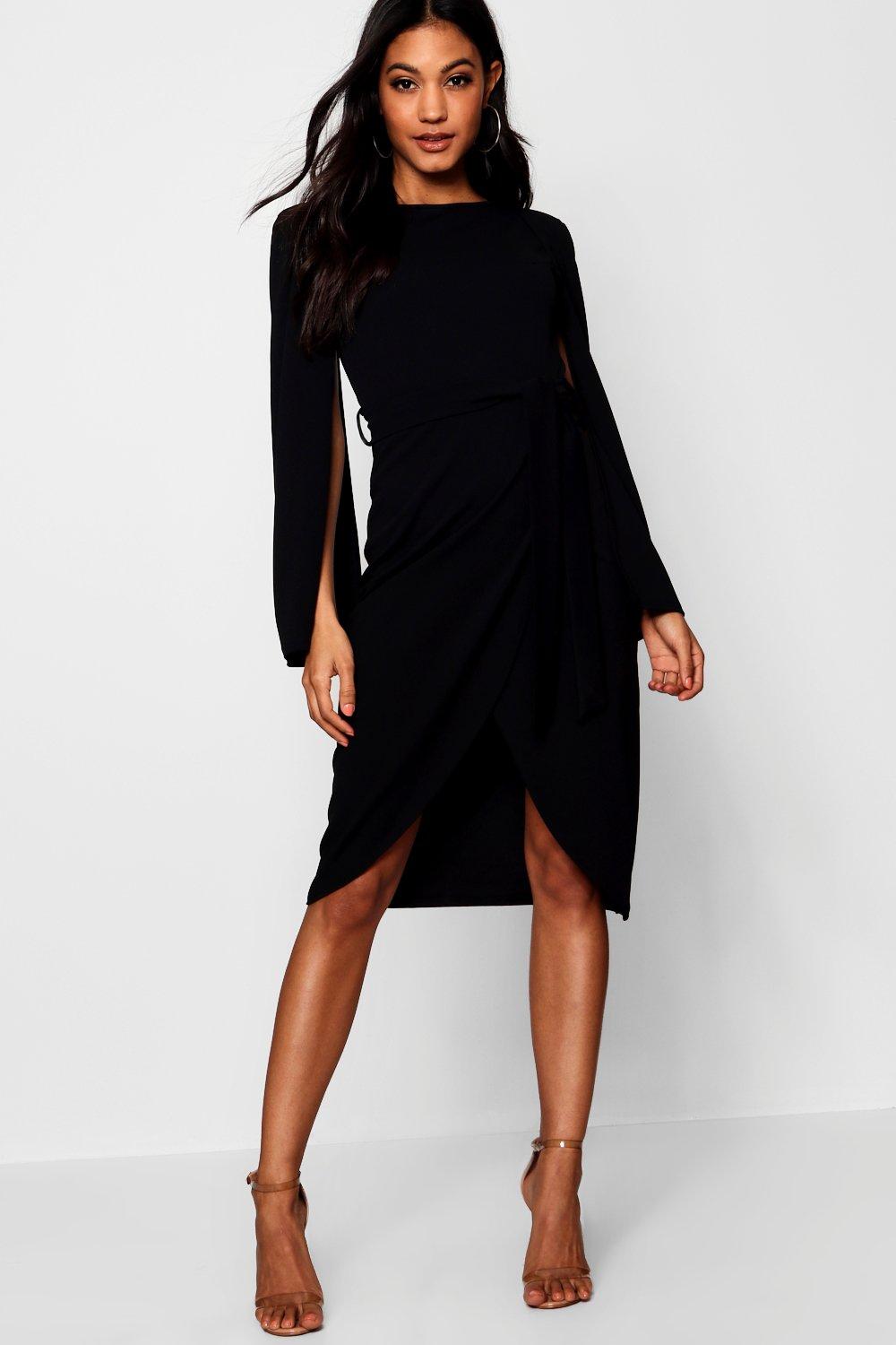 black cape midi dress