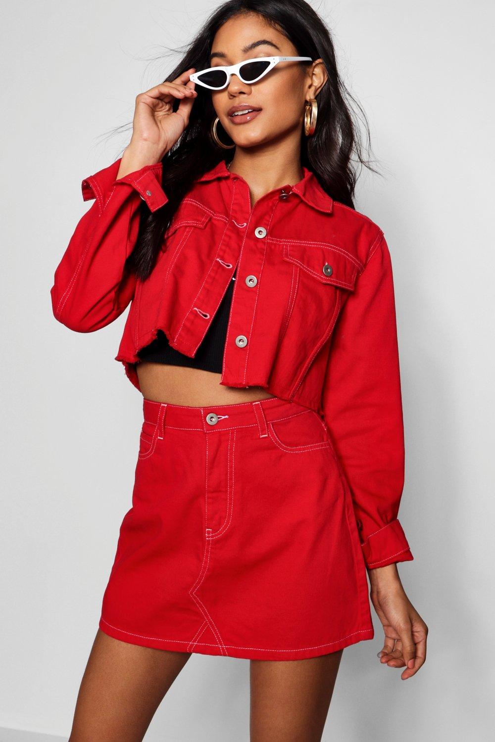 boohoo red denim skirt