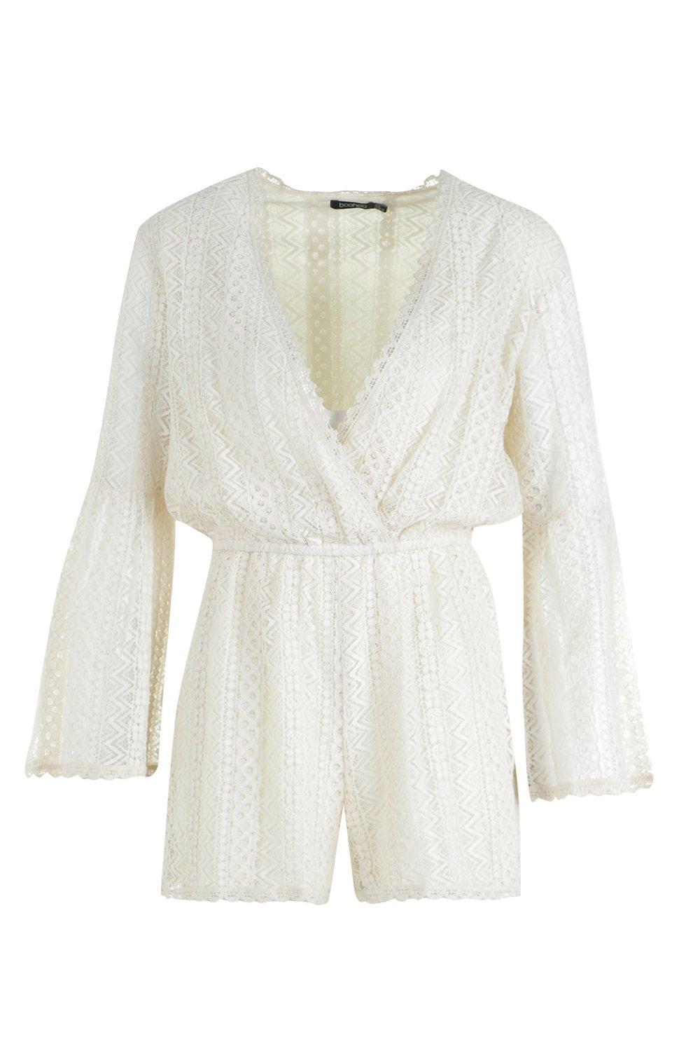 

Flare Sleeve Crochet Playsuit, Кремовый