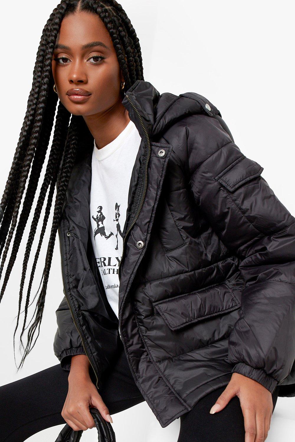 womens black hooded puffer coat