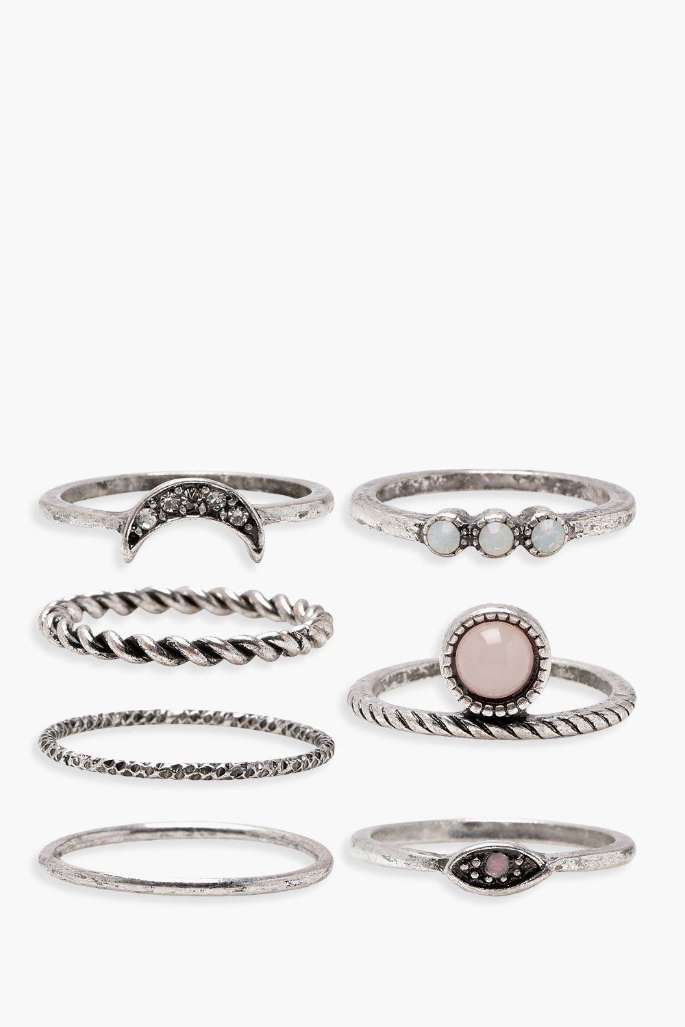 Womens Moon Stone Detail Rings 7 Pack - Grey - One Size, Grey