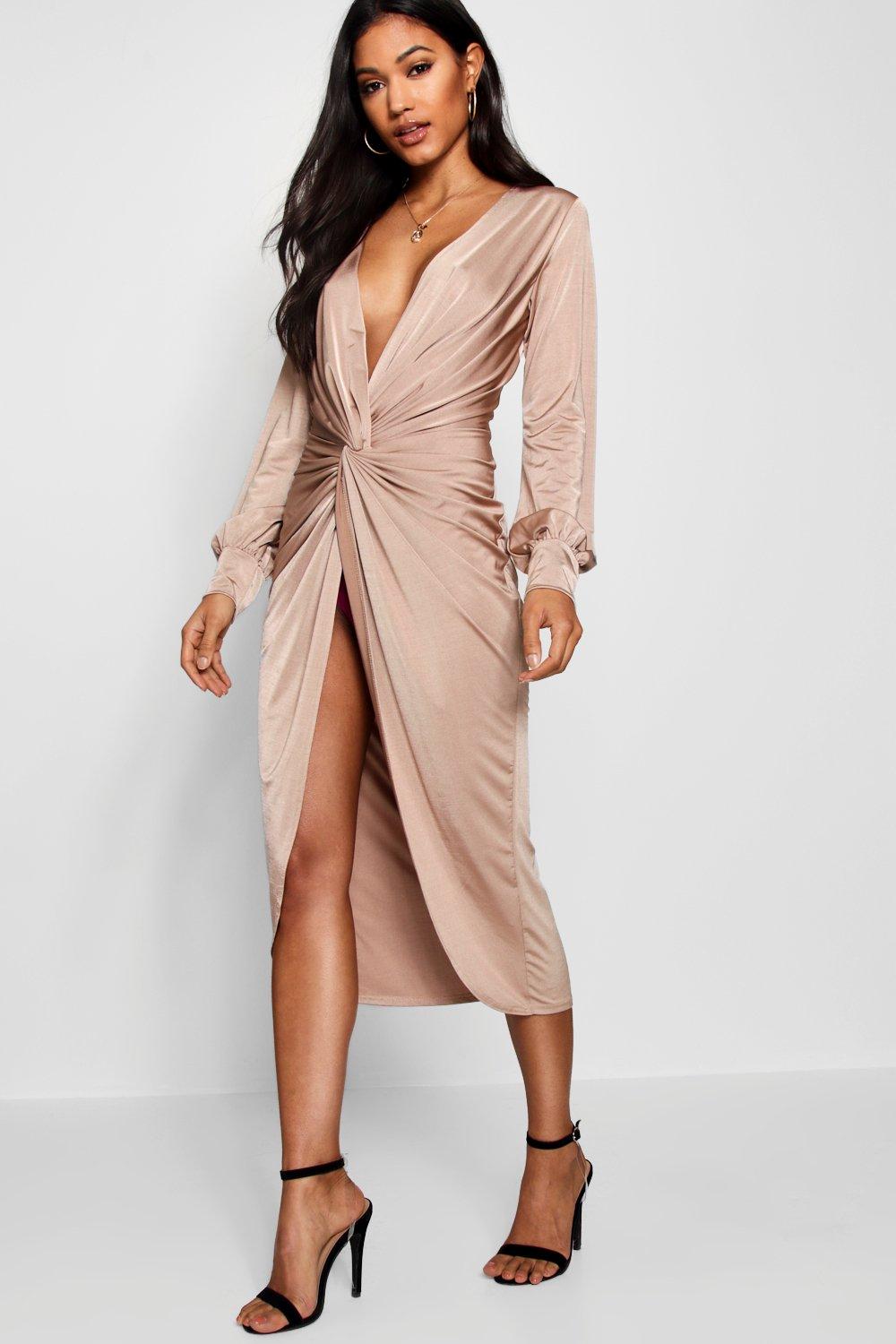 twist front plunge slinky midi dress