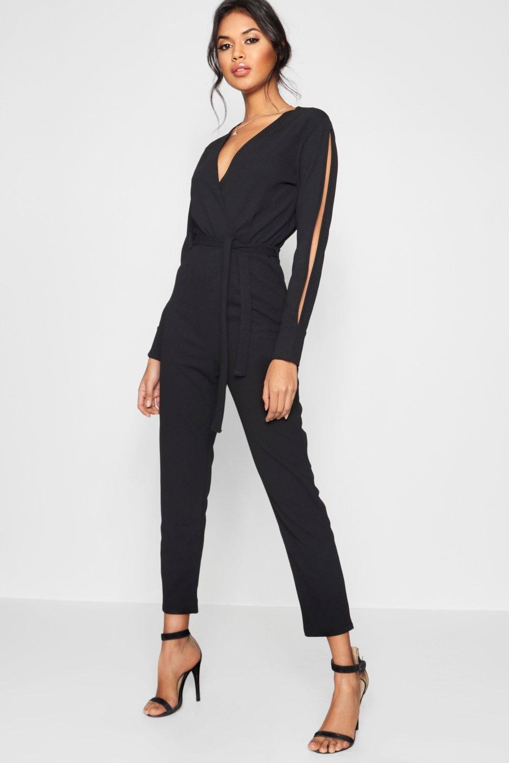 Split Sleeve Wrap Over Smart Jumpsuit | Boohoo