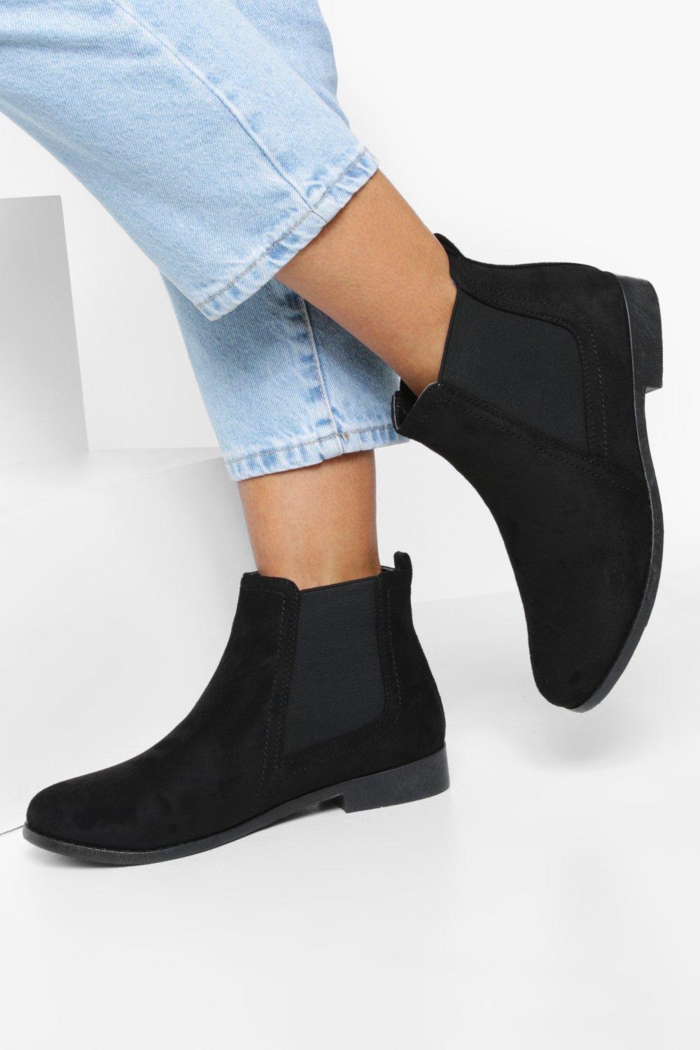 Womens Wide Fit Faux Suede Flat Chelsea Boots - Black - 3, Black