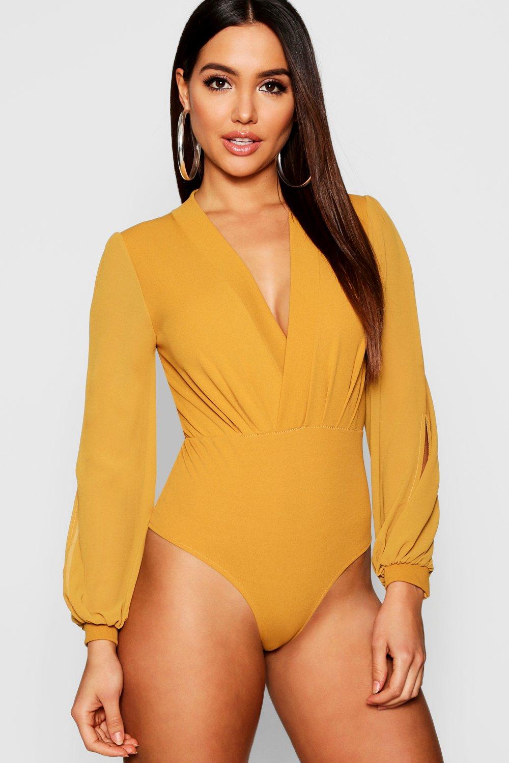 

Боди с рукавами из шифона с запахом, Mustard