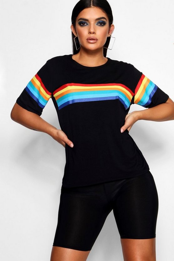 Rainbow Chest And Sleeve Oversized T-Shirt | Boohoo