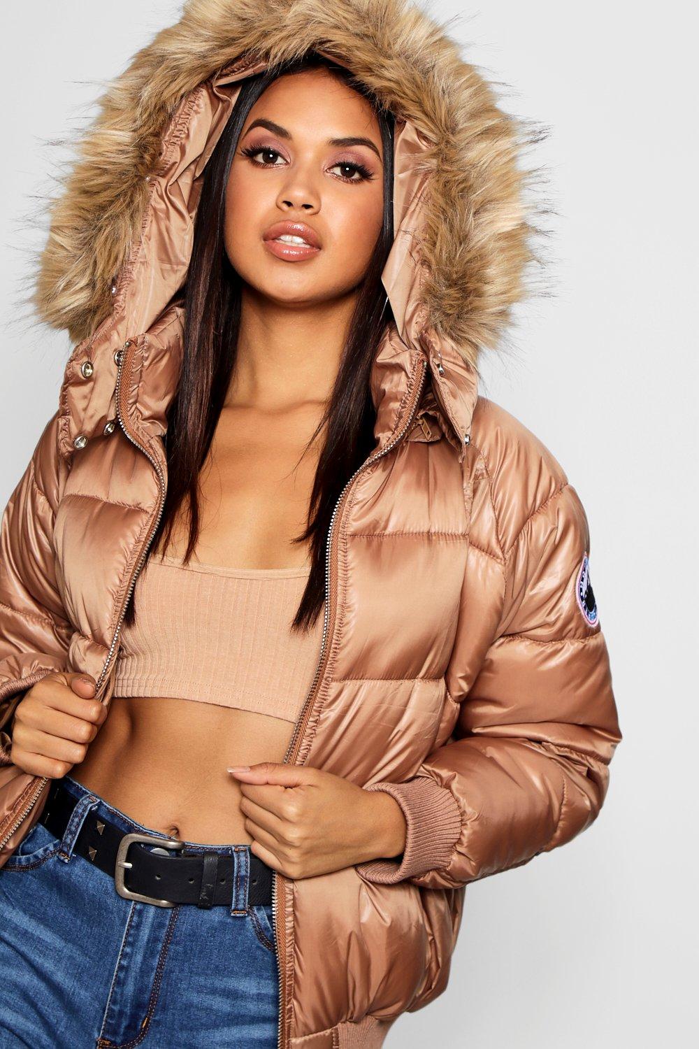 faux fur trim cire puffer jacket