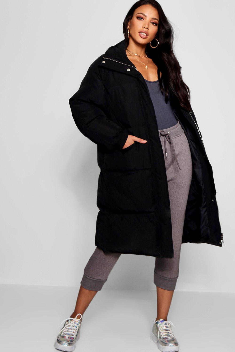 longline puffer coat with hood