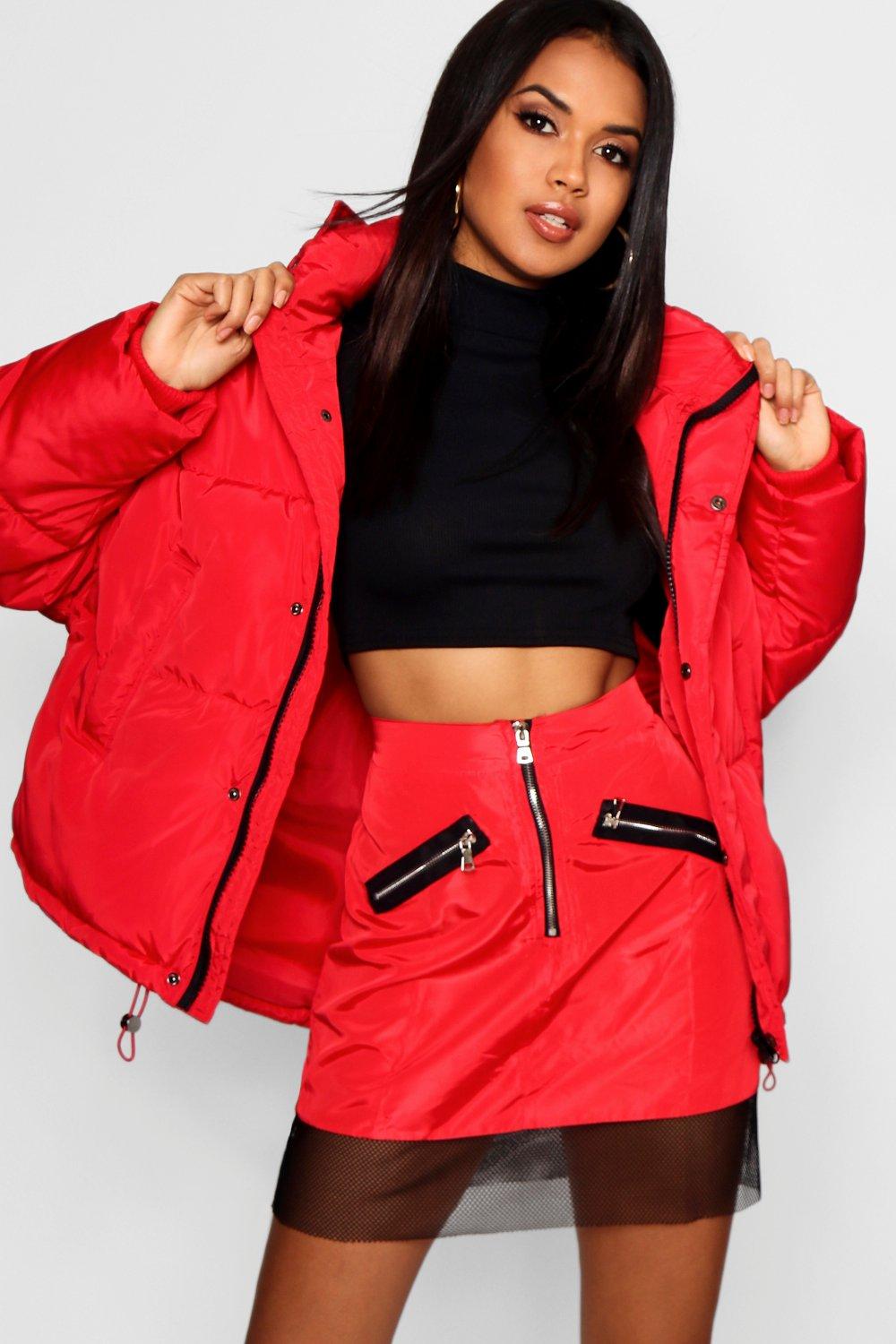 womens red puffer jacket with hood