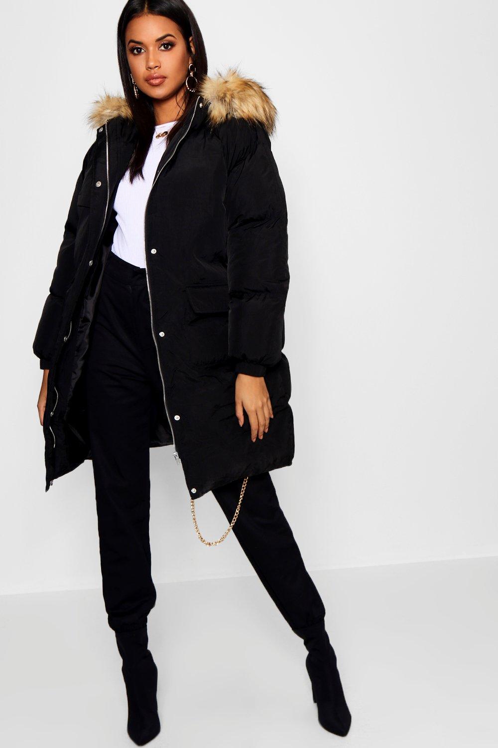 black faux fur trim longline puffer jacket