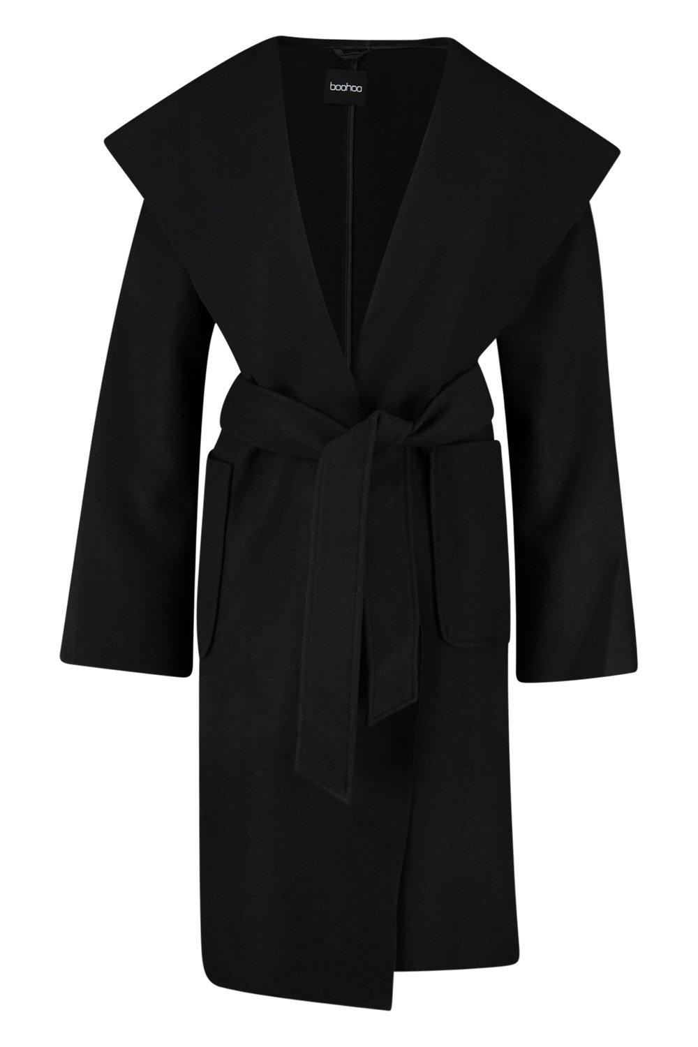 boohoo hooded wool look belted coat