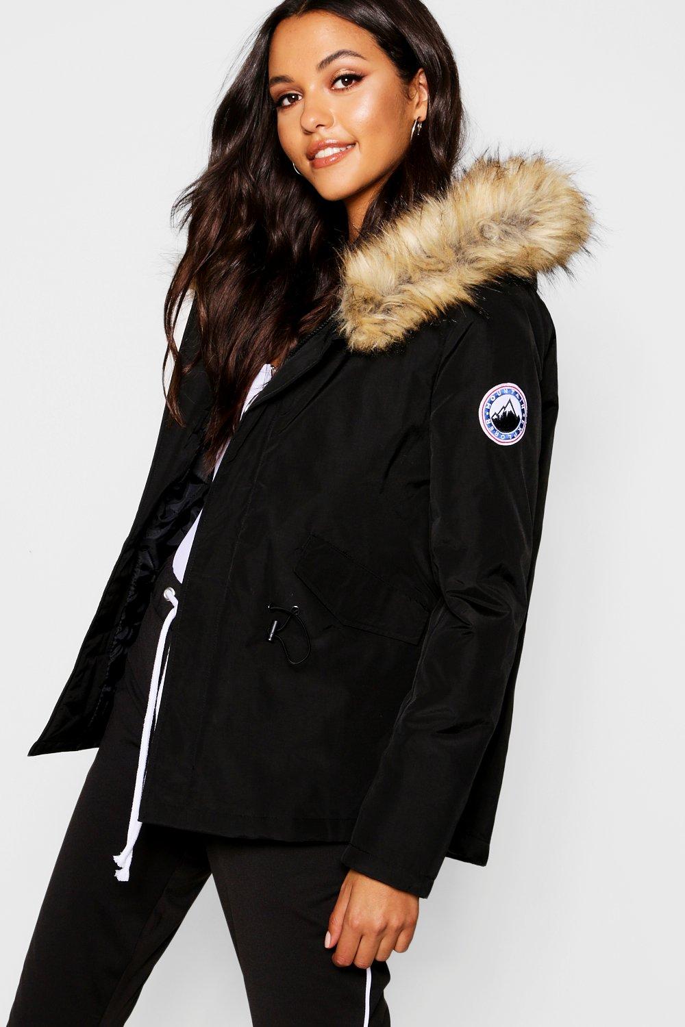 Womens Luxe Faux Fur Sporty Parka Coat - Black - 8, Black