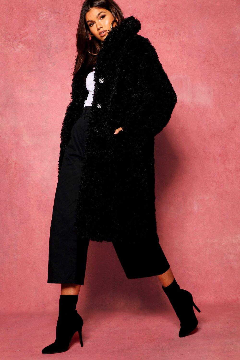

Premium Teddy Faux Fur Longline Coat, Black