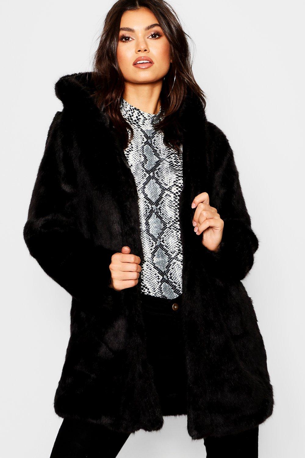 long black fur coat with hood