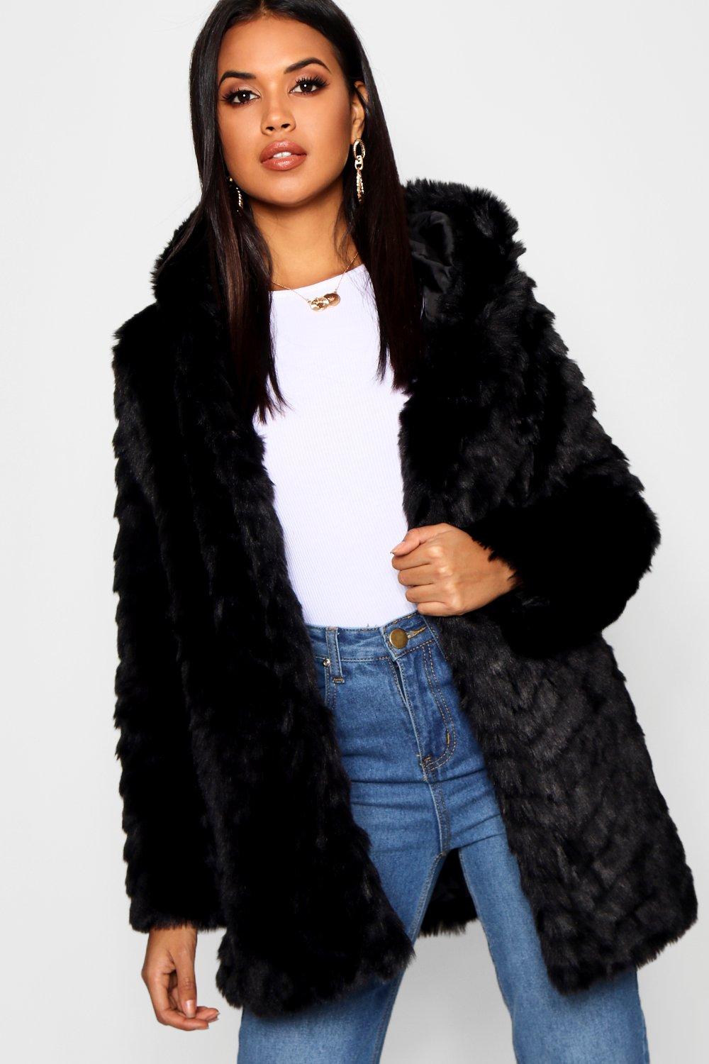 faux fur coat black with hood