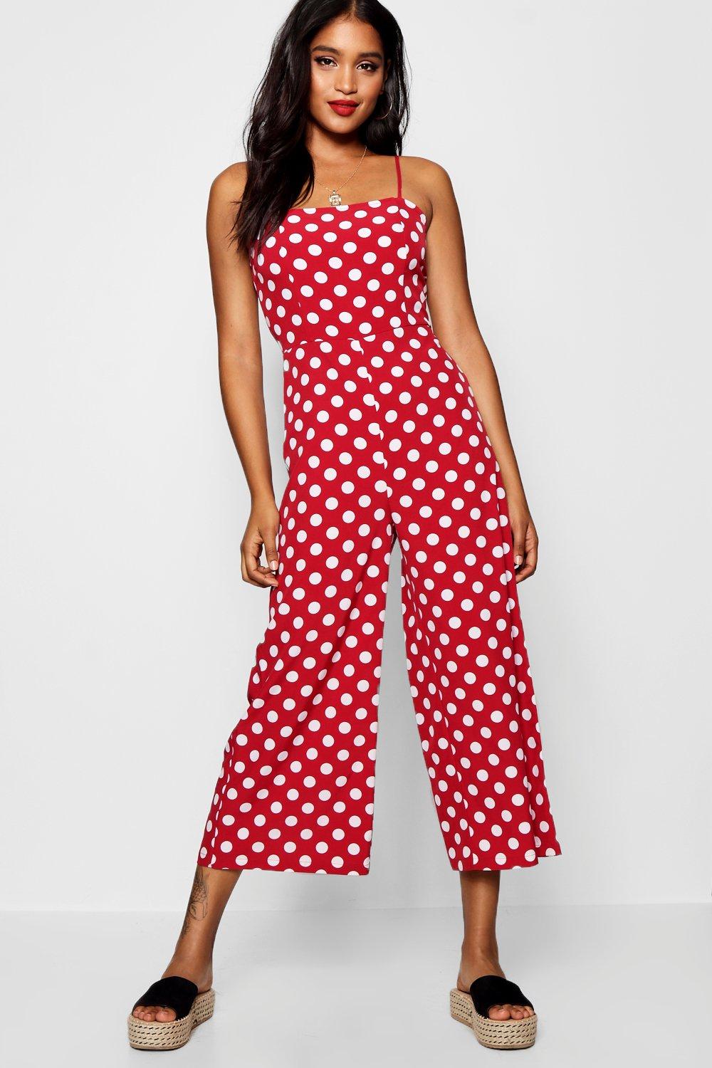 red polka dot jumpsuit