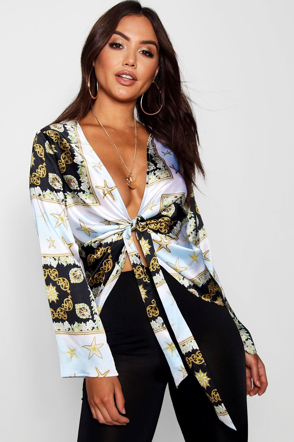 Printed Drape Front Wrap Blouse Boohoo Nz