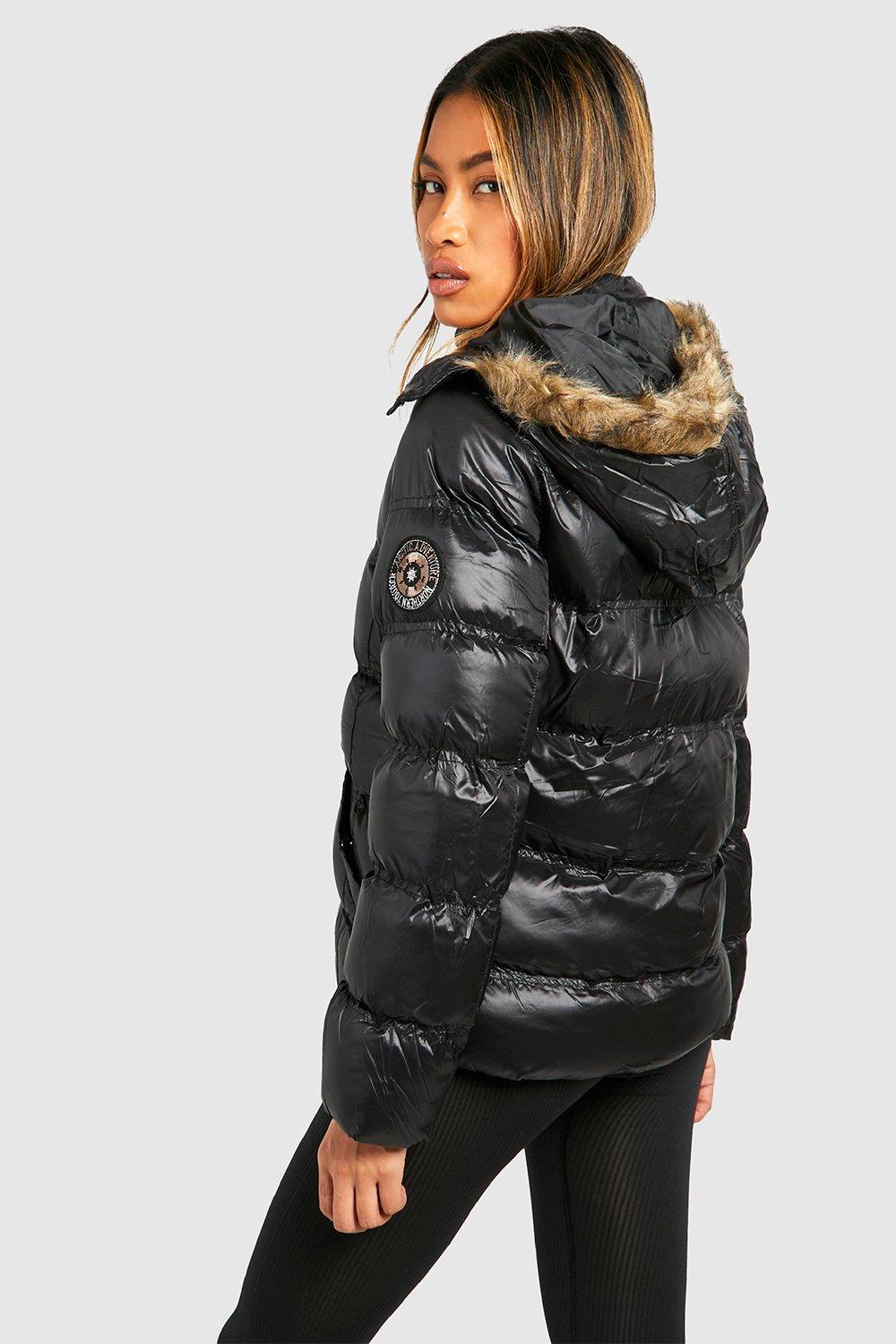 high shine hooded padded coat with faux fur trim