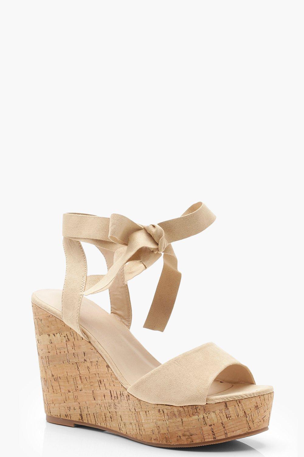 

Peeptoe Wrap Strap Cork Wedges, Nude