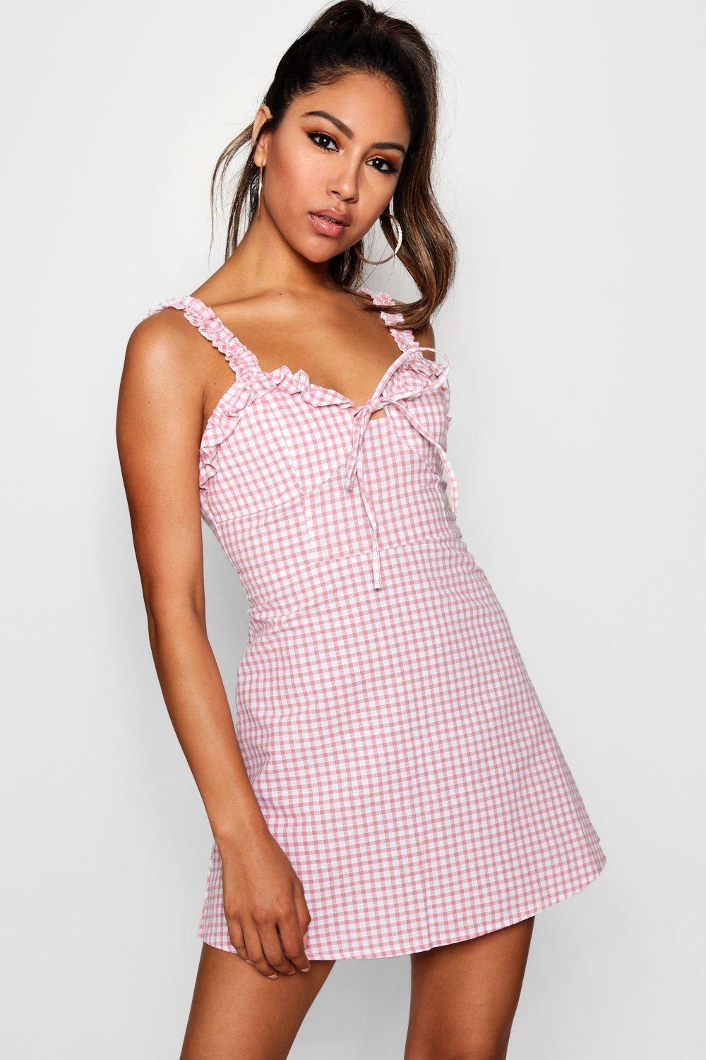 boohoo pink ruffle dress